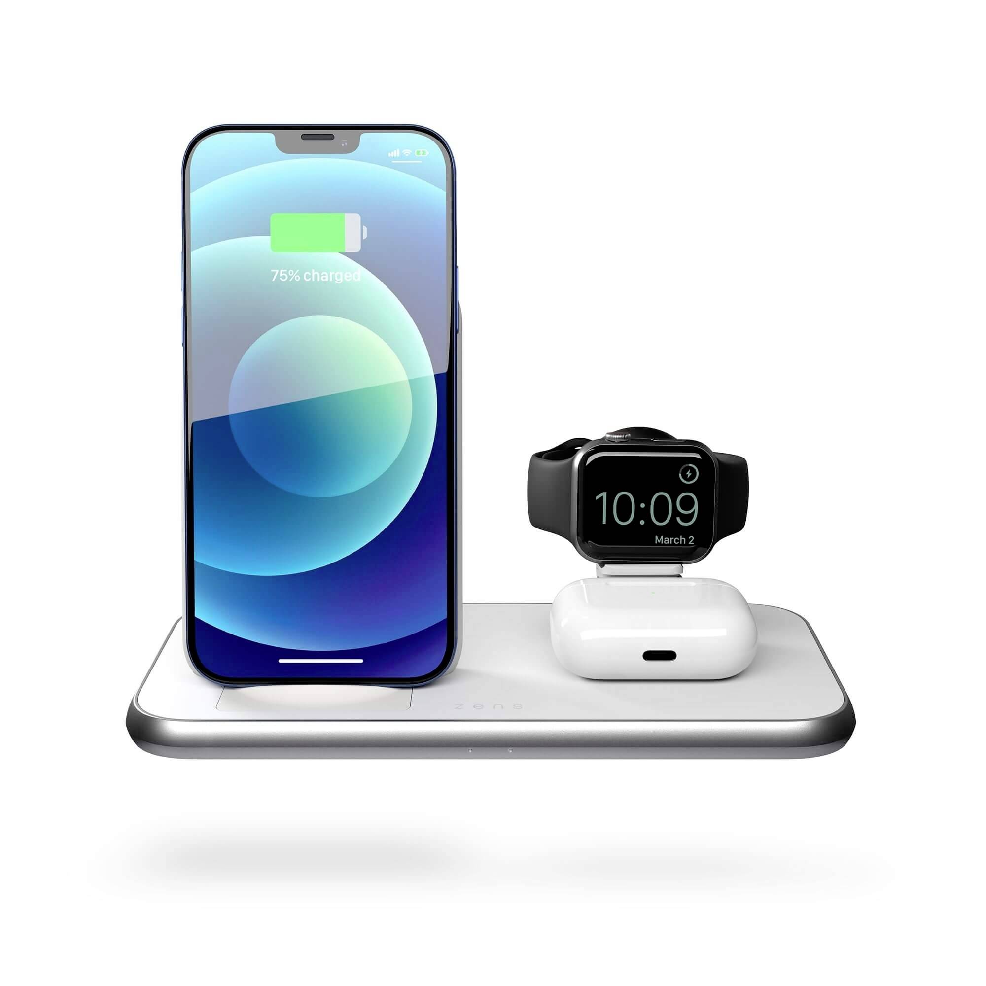 ZENS Induktions-Ladegerät Aluminium Series 4 in 1 Stand Wireless Charger + Watch ZEDC15W/00 Ausgänge Induktionslade-Standard, USB