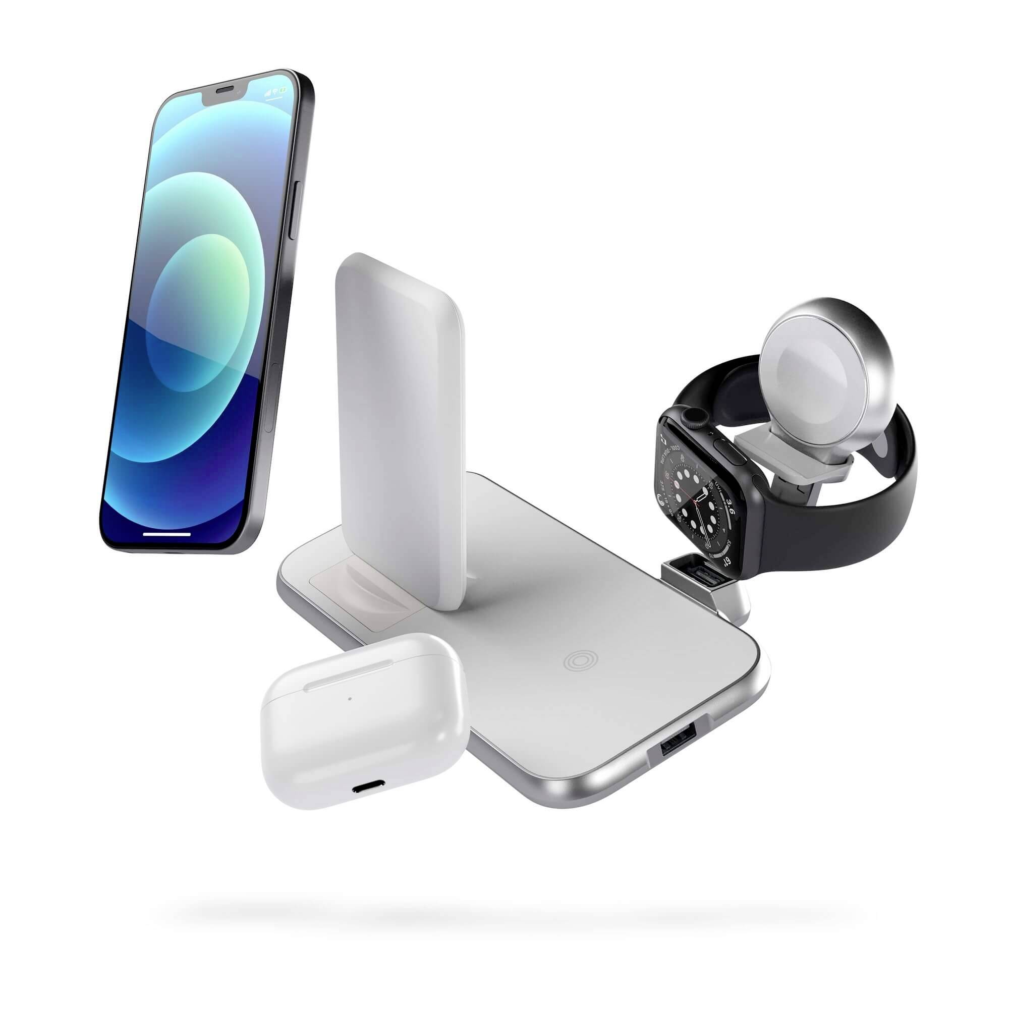 ZENS Induktions-Ladegerät Aluminium Series 4 in 1 Stand Wireless Charger + Watch ZEDC15W/00 Ausgänge Induktionslade-Standard, USB