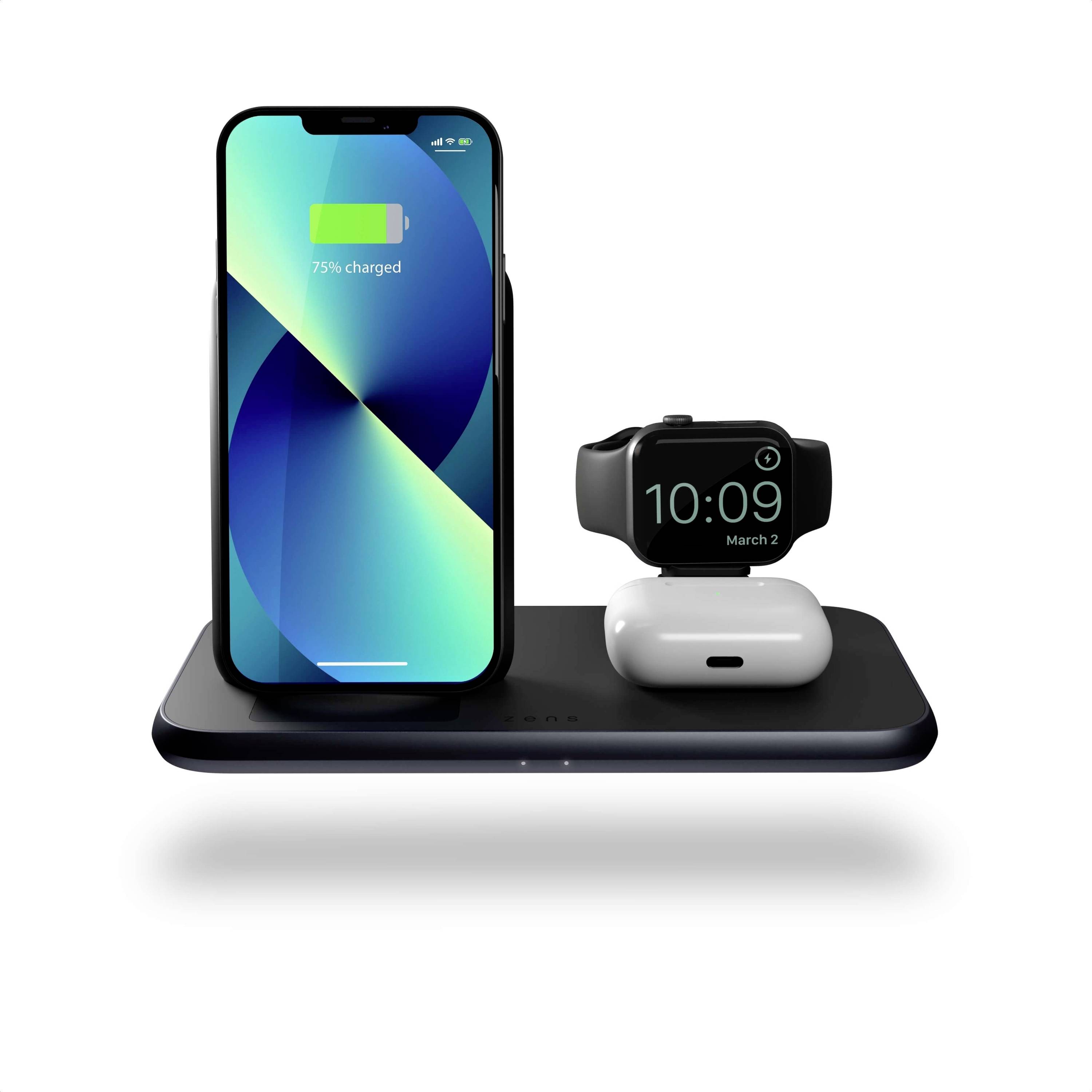 ZENS Induktions-Ladegerät Aluminium Series 4 in 1 Stand Wireless Charger + Watch ZEDC15B/00 Ausgänge Induktionslade-Standard