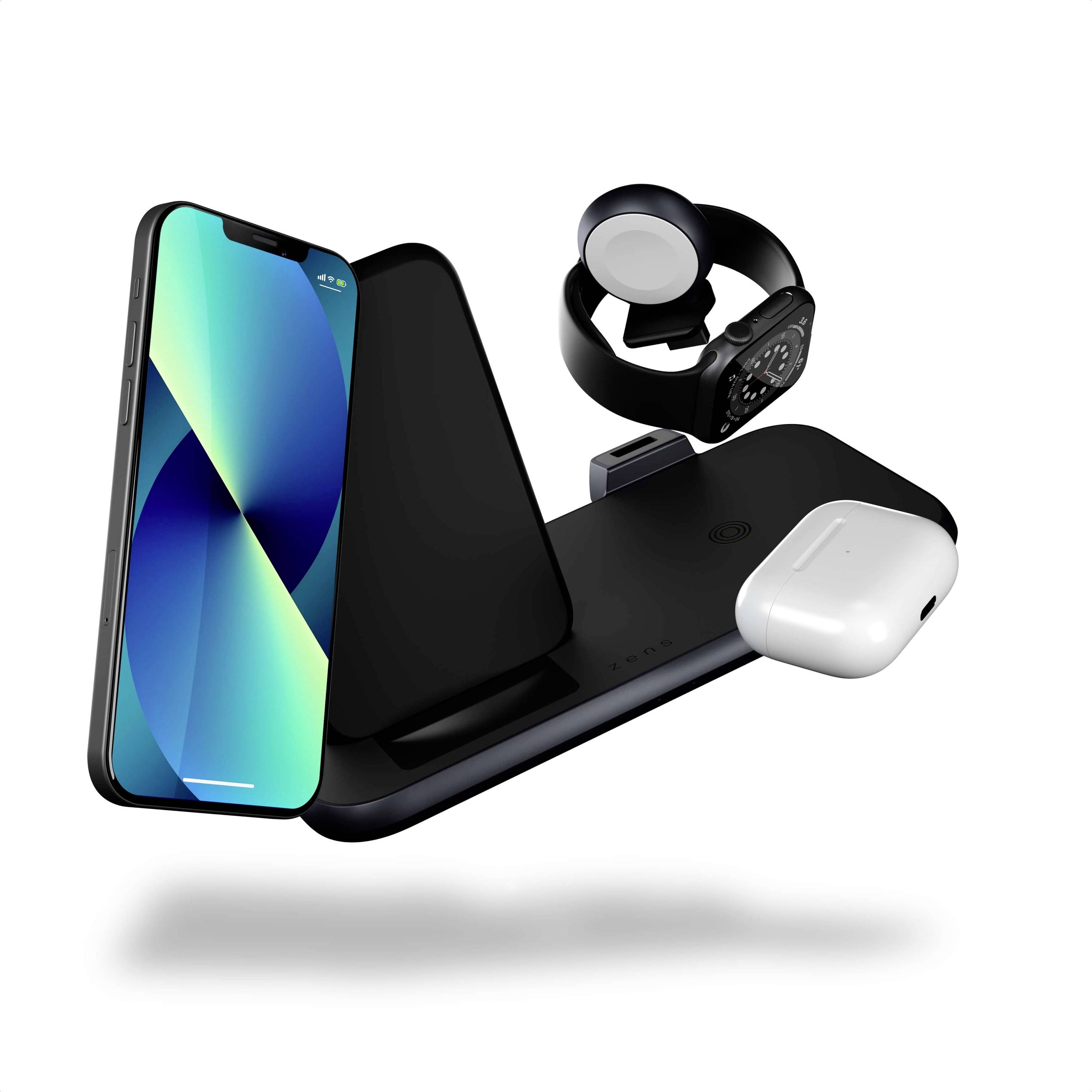 ZENS Induktions-Ladegerät Aluminium Series 4 in 1 Stand Wireless Charger + Watch ZEDC15B/00 Ausgänge Induktionslade-Standard, USB-A Schwarz