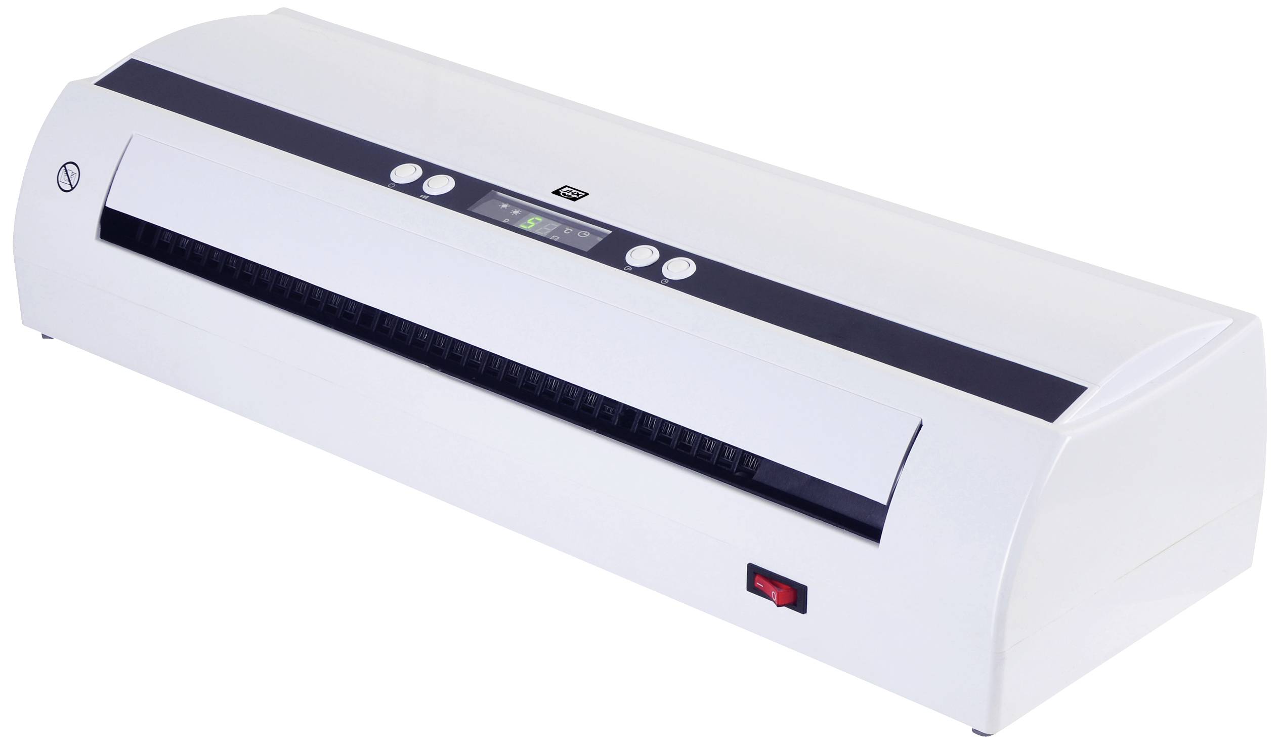 Weiße Laminiermaschine mit Bedienelementen und digitalem Display auf der Oberseite. Sie hat einen Papierschlitz an der Vorderseite.
