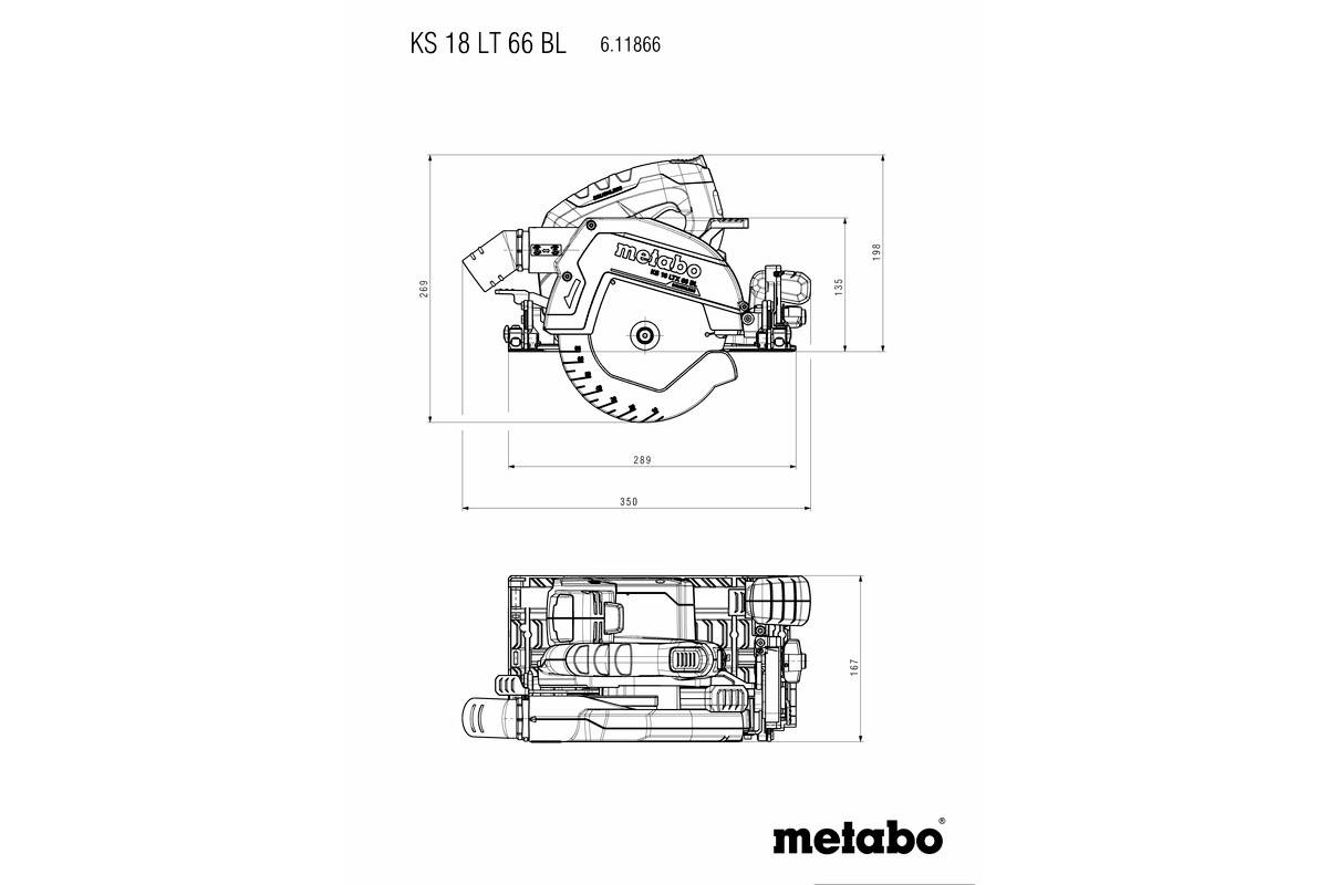Technische Zeichnung einer Metabo Kreissäge KS 18 LT 66 BL mit Abmessungen. Seiten- und Vorderansicht der Säge sind abgebildet.