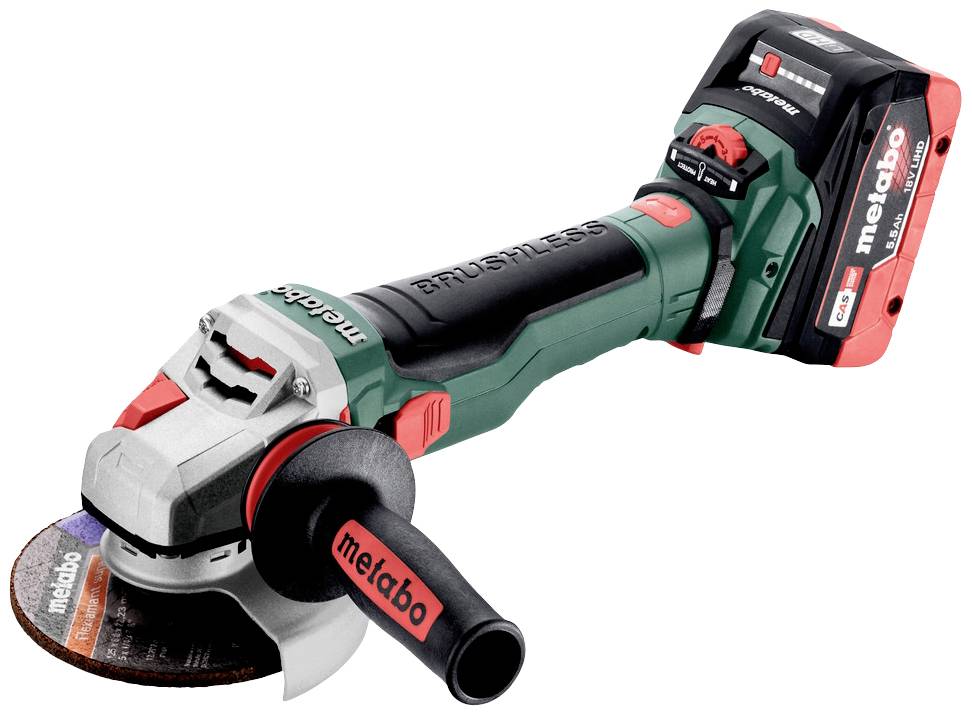 Akkubetriebener Winkelschleifer mit rotem und schwarzem Griff, Metabo-Logo, und abnehmbarem Schutzschirm, geeignet zum Schneiden und Schleifen.