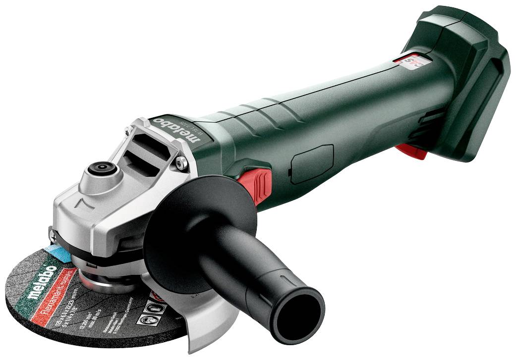 Ein grüner, kabelloser Winkelschleifer mit schwarzem Griff und Metallscheibe, geeignet für das Schneiden und Schleifen von Materialien.