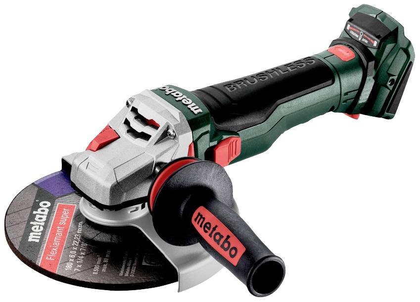 Eine Metabo Akku-Winkelschleifer, Modell 'FLEXIAMANT super', mit rotem Sicherheitsgriff und robustem, kabellosem Design.
