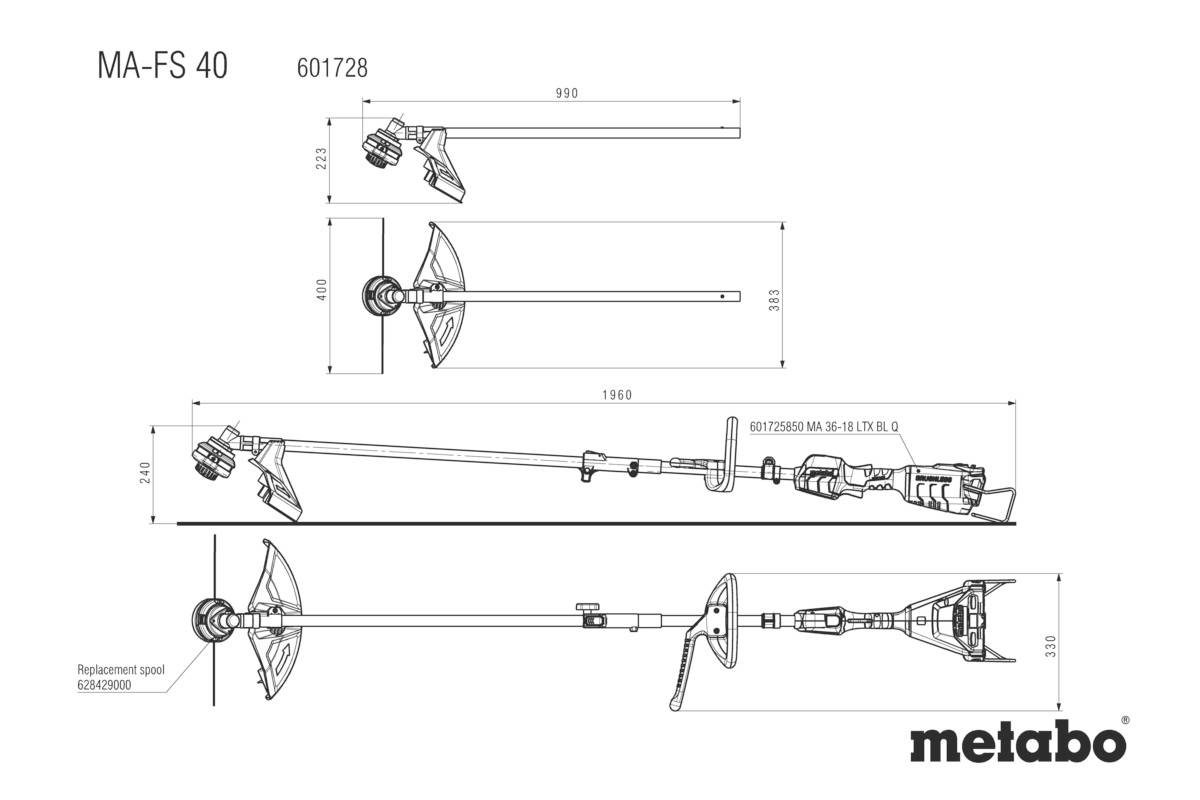Zeichnung eines Gartenwerkzeugs mit detaillierten Maßen: Länge 1910 mm, Fadenkopf, Ersatzspule. Markenname 'Metabo' unten rechts.