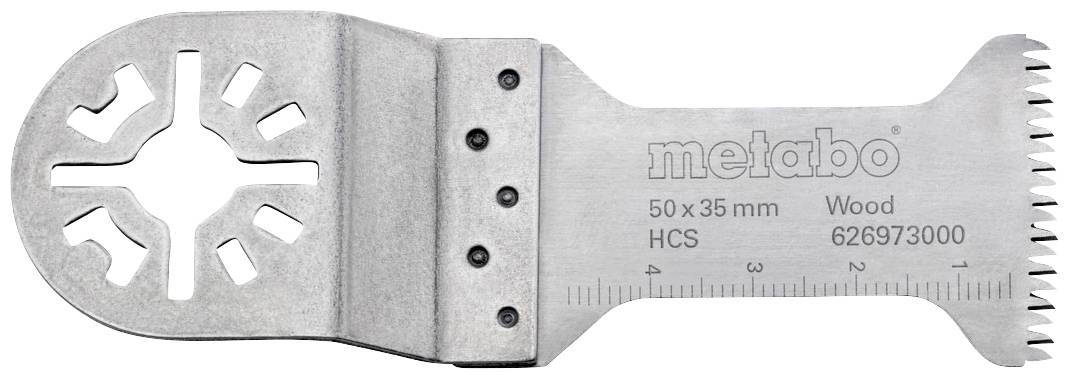 Multitool-Sägeblatt aus Metall mit Metabo-Logo, Aufschrift '50 x 35 mm', Material 'HCS', für Holz geeignet, Produktnummer '626973000'.