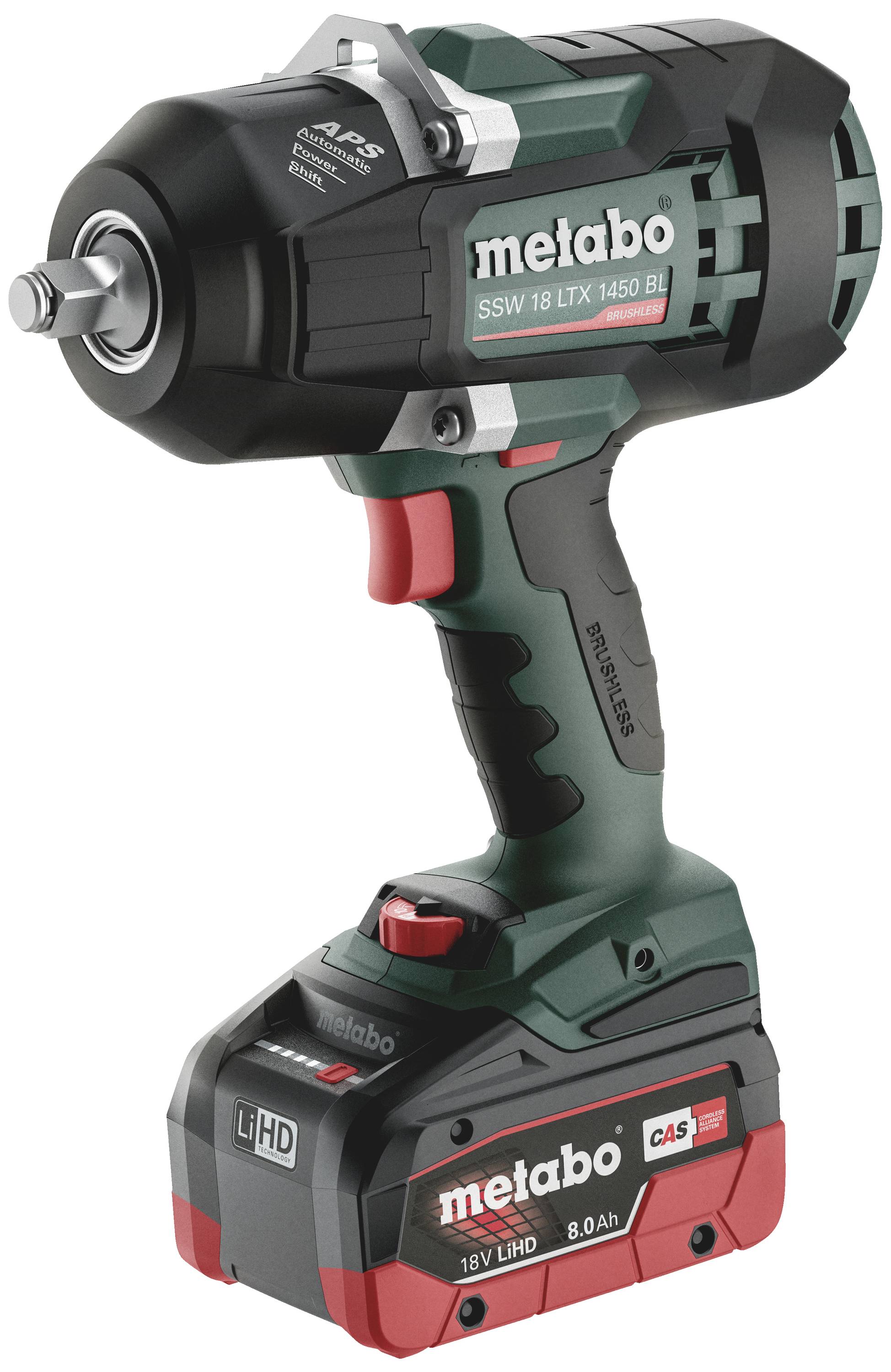 Akkuschlagschrauber mit grün-rotem Design. Metabo-Logo auf der Seite. Gerät verwendet LiHD 18V Akku, geeignet für Schraubarbeiten.