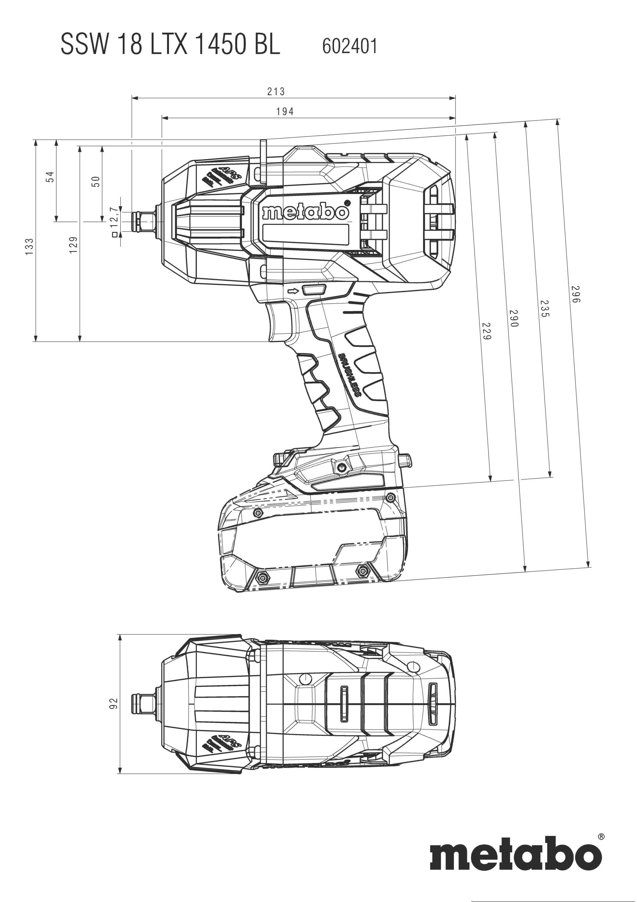 Technische Zeichnung eines Metabo SSW 18 LTX 1450 BL Akku-Schlagschraubers mit Abmessungen in verschiedenen Ansichten.