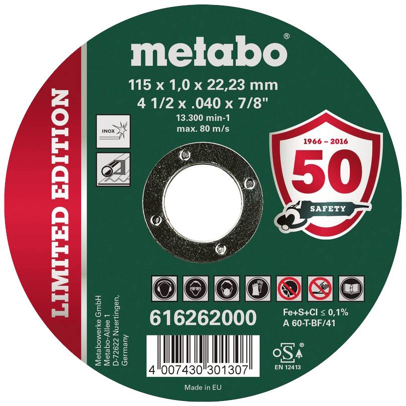 'Metabo Trennscheibe Limited Edition' mit 115 mm Durchmesser, 1 mm Dicke für Metall, max. 80 m/s. 50 Jahre Sicherheit, made in EU.
