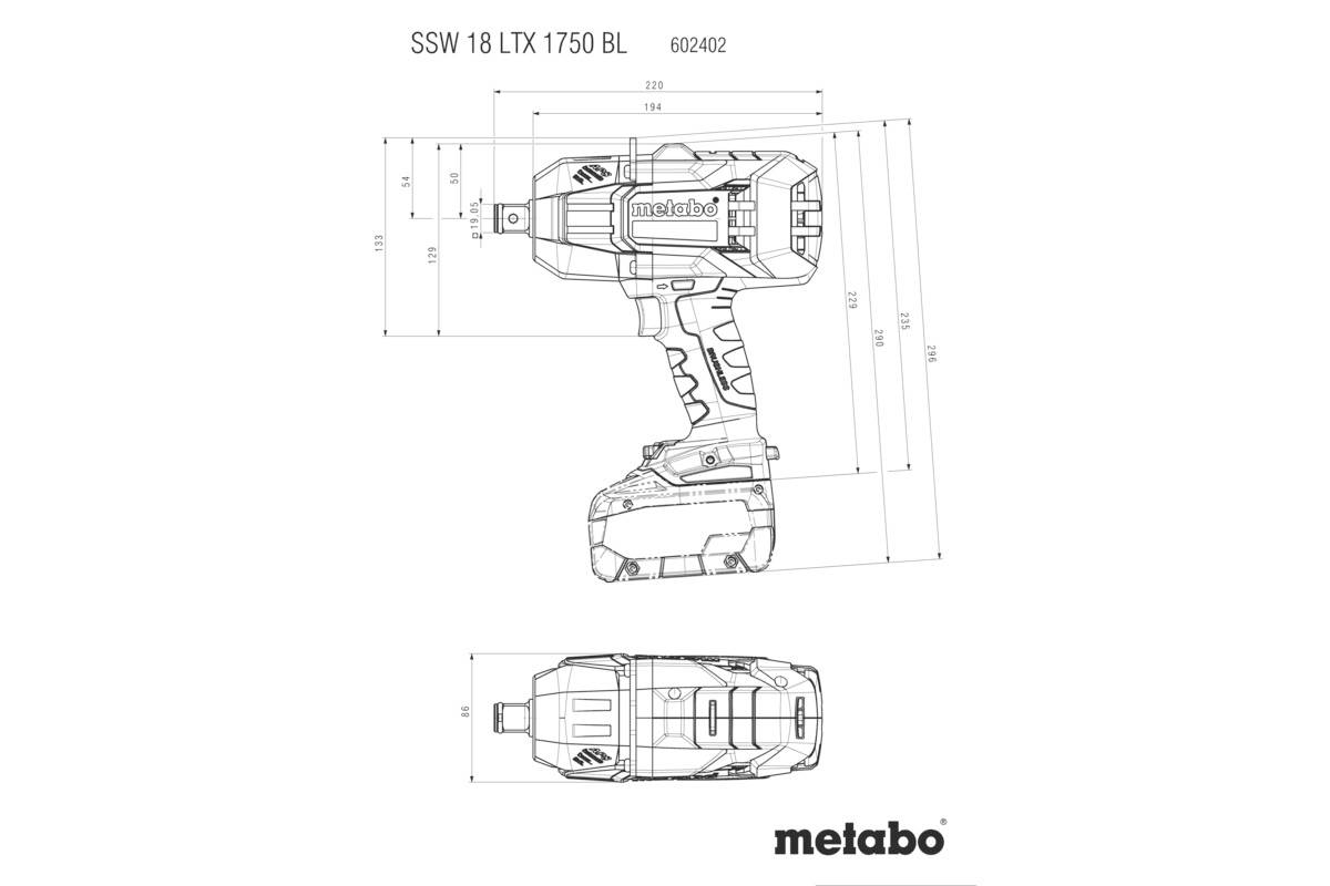 Technische Zeichnung eines Metabo SSW 18 LTX 1750 BL Akku-Schlagschraubers mit Maßangaben. Seiten- und Frontalansicht dargestellt.