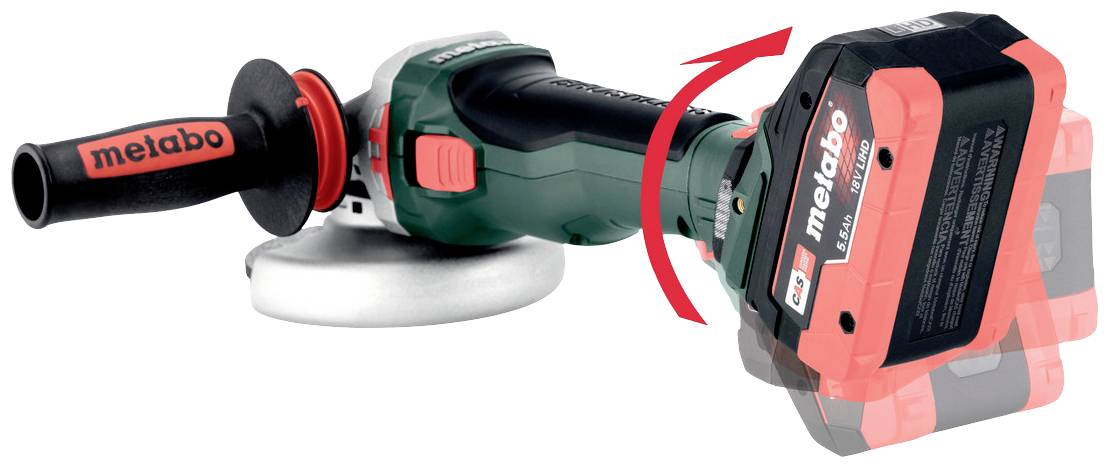 Elektrischer Winkelschleifer von Metabo mit rotem Griff und Lithium-Ionen-Akku. Akku wird auf der Rückseite durch eine Drehung befestigt.