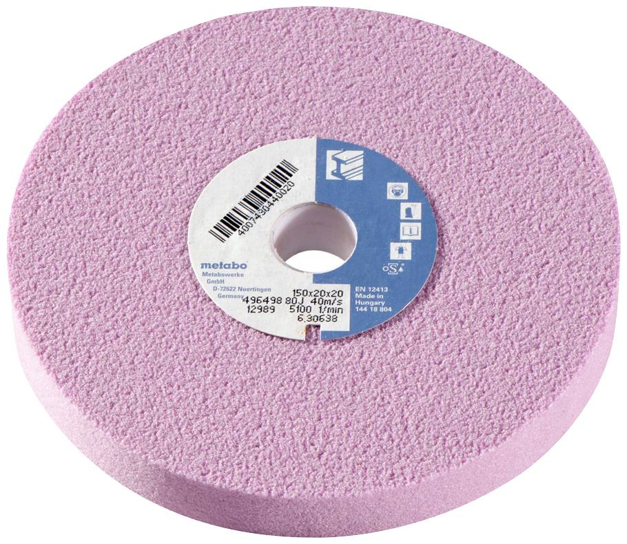 Ein pinker Schleifstein mit blauer Mitte, auf der technische Informationen und Markenname stehen. Verwendet zur Metallbearbeitung.