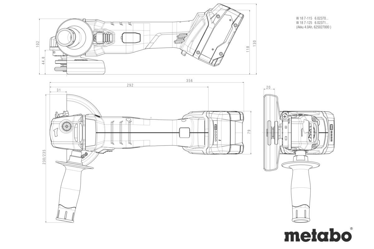 Technische Zeichnung eines Metabo-Winkelschleifers aus verschiedenen Ansichten. Maße und Details zur Konstruktion sind angegeben.