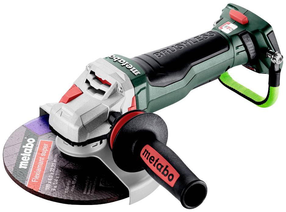 Akkubetriebene Metabo-Winkelschleifer mit rotem und schwarzem Design, ausgestattet mit bürstenlosem Motor und Schutzhaube.