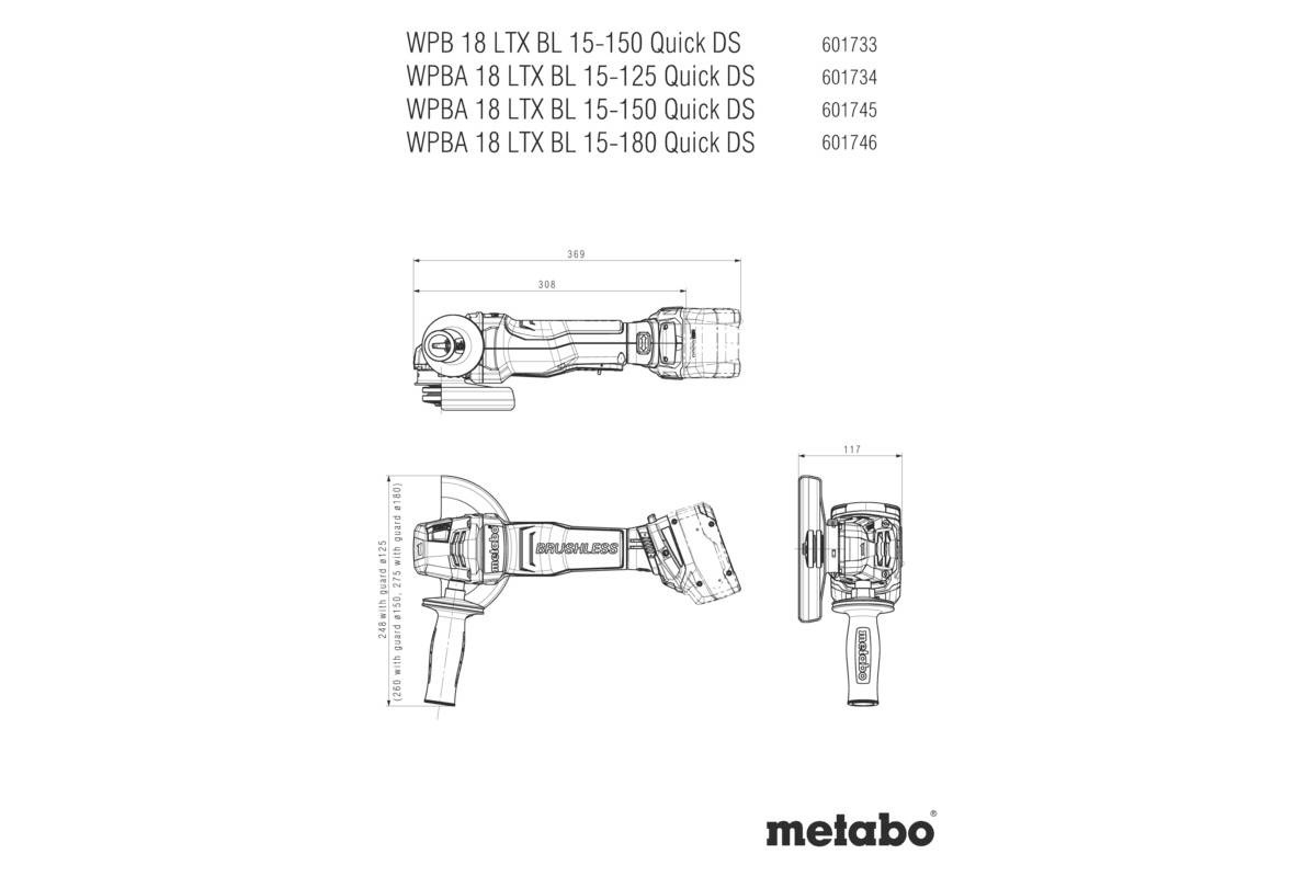 Explosionszeichnung eines Metabo Winkelschleifers mit Modellnummern WPBA 18 LTX BL 15-150/15-125/15-180 Quick DS und Artikelnummern.