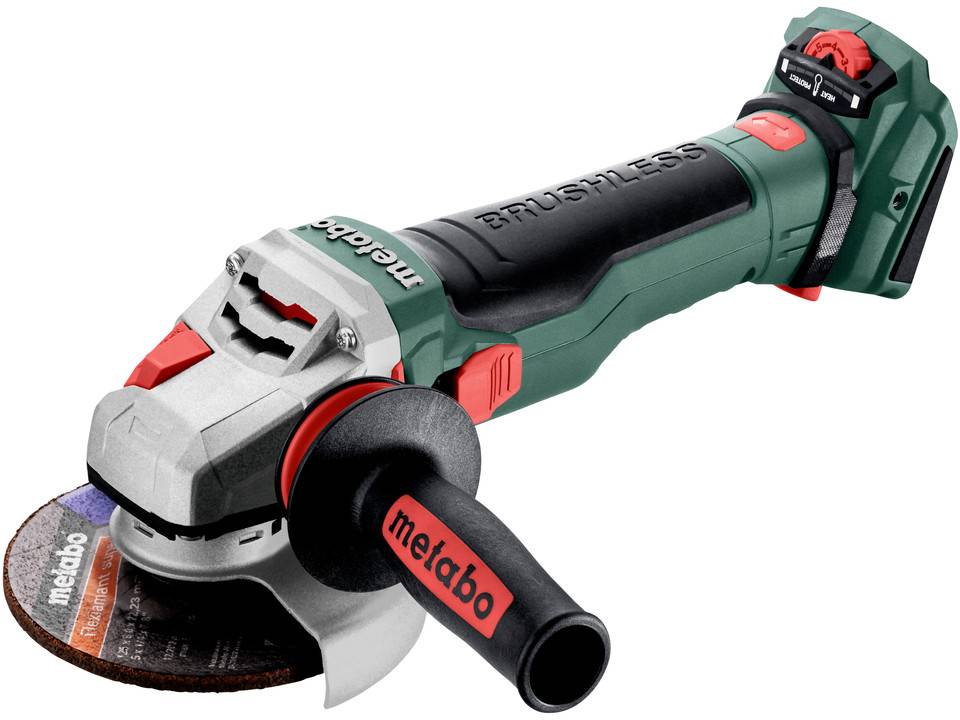 Akkubetriebener Winkelschleifer in Grün und Rot mit Metabo-Logo, seitlichem Griff und Schutzabdeckung.