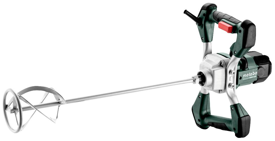 Ein elektrisches Rührgerät mit zwei Griffen und einem langen Mischeinsatz, geeignet zum Mischen von Baumaterialien wie Farbe oder Mörtel.