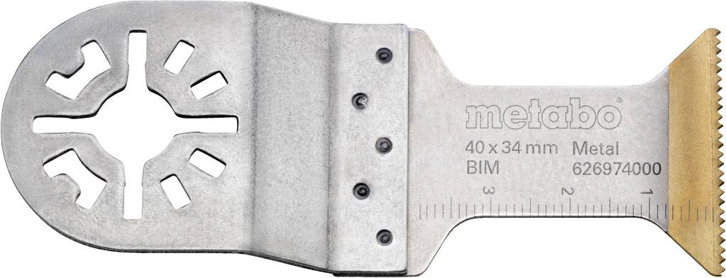 Oscillierendes Sägeblatt mit Metabo-Logo, Aufschrift '40 x 34 mm' und 'Metal BIM 626974000', gezackte Kante rechts.