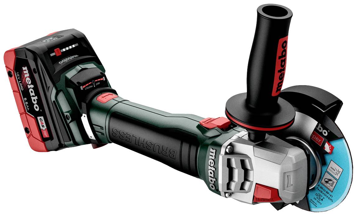 Akku-Winkelschleifer mit schwarzem, rotem und grünem Design; abnehmbarer Griff und Scheibe montiert. Markierung 'metabo' auf Gerät.