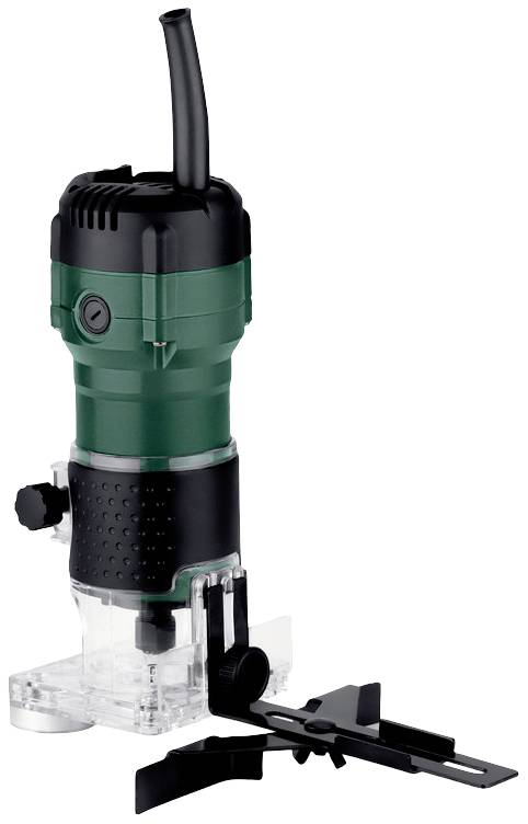 Kompakte elektrische Oberfräse mit grünem Gehäuse und schwarzem Griff, auf einem klaren Sockel montiert, für Holzarbeiten geeignet.