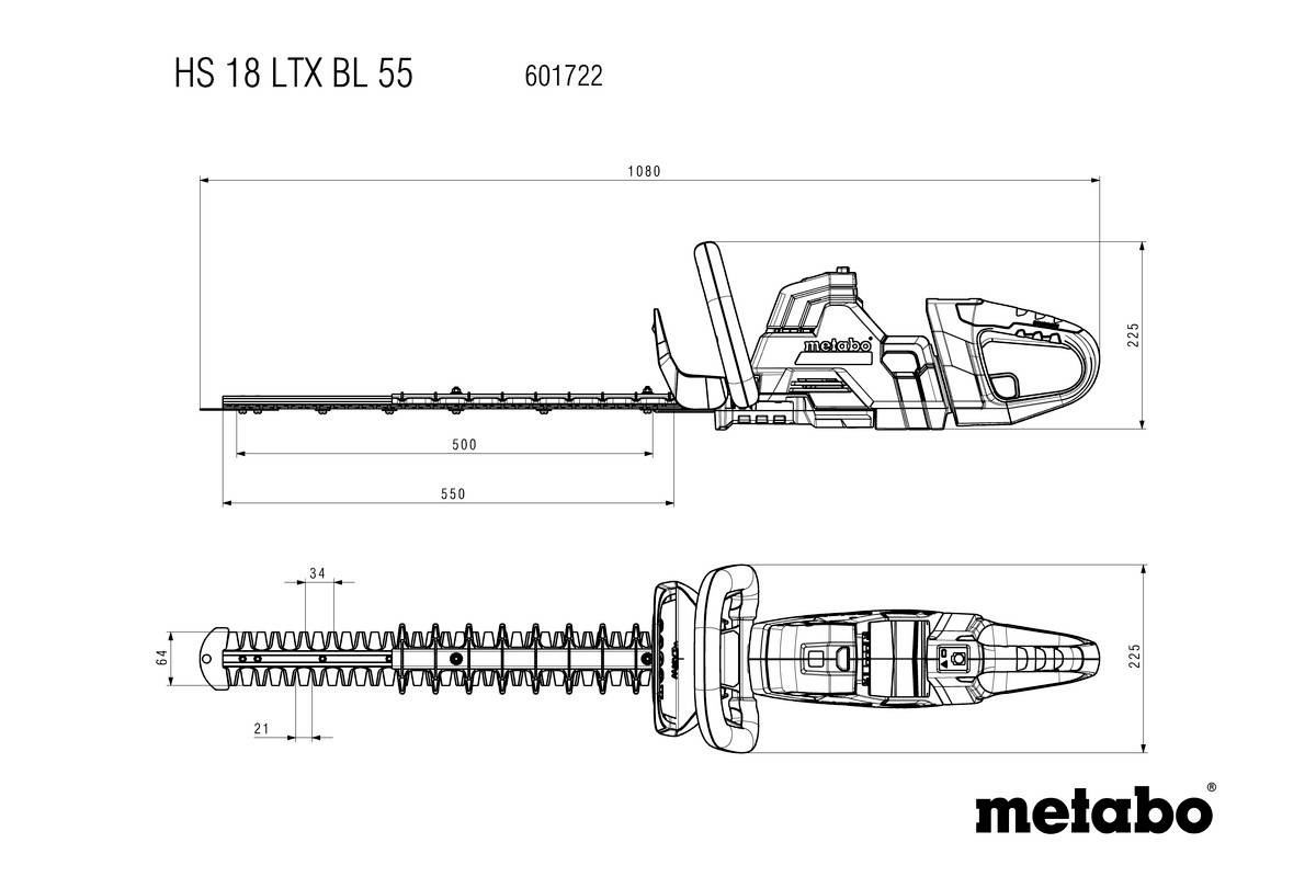 'Metabo HS 18 LTX BL 55'-Heckenschere, technische Zeichnung. Zeigt Abmessungen: Gesamtlänge 1010 mm, Schnittlänge 550 mm, Höhe 190 mm.