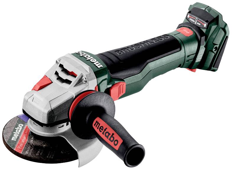 Kabelloser Winkelschleifer mit grünem und schwarzem Gehäuse, Metabo-Logo, rotem Schalter und Akku hinten.