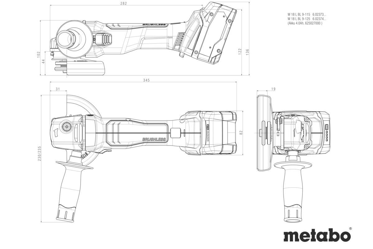 Technische Zeichnung einer Akku-Winkelschleifmaschine von Metabo, mit Abmessungen und Seitenansicht. Logo unten rechts.