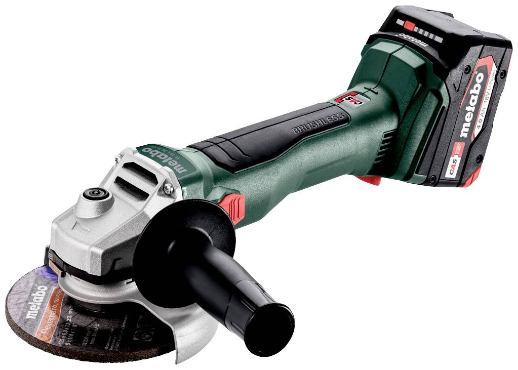 Akkubetriebener Winkelschleifer mit PowerFlex-Technologie und ergonomischem Griff. Markenname auf Gerät und Akku ersichtlich.