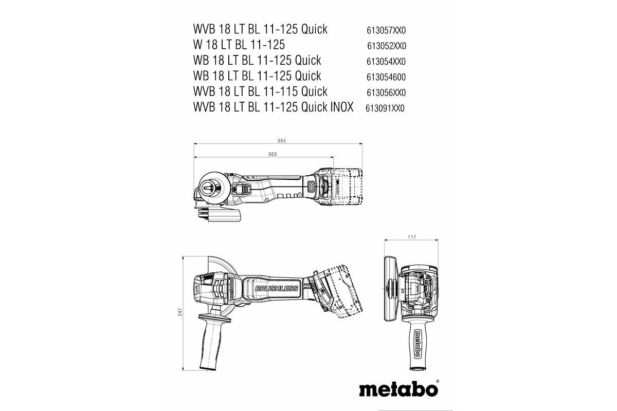 Technische Zeichnung von drei Winkelschleifern der Serie 'WB 18 LT BL', seitliche und frontale Ansichten mit Modellnummern.