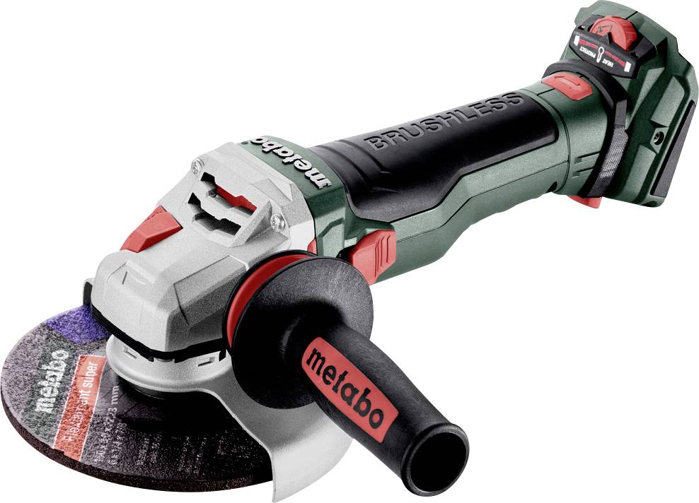 Akkubetriebener Winkelschleifer mit ergonomischem Griff, Schleifscheibe und Metabo-Logo, geeignet für Bau- und Heimwerksarbeiten.