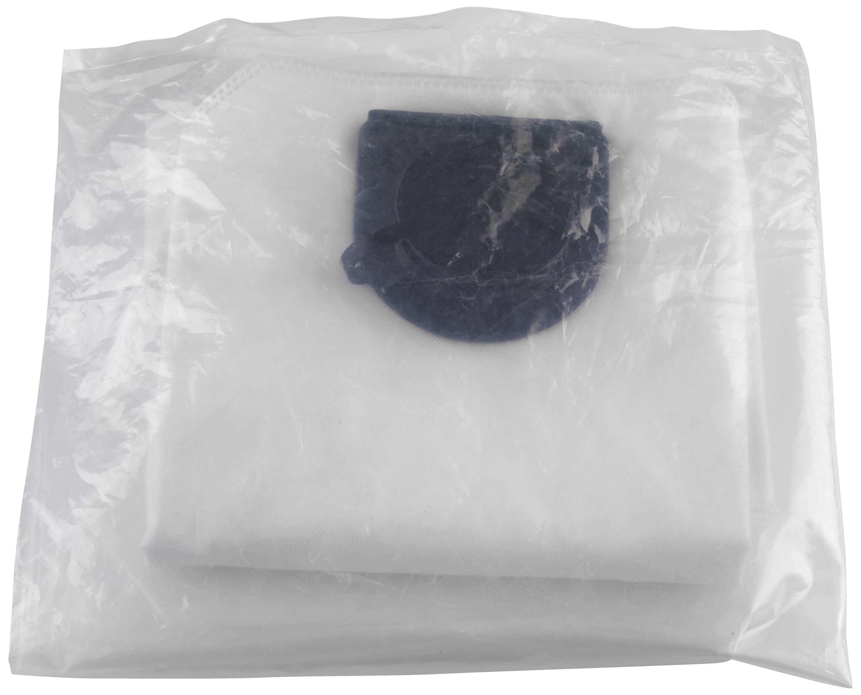 Eine weiße Verpackung enthält ein gefaltetes weißes Tuch und eine schwarze, kreisförmige Abdeckung.