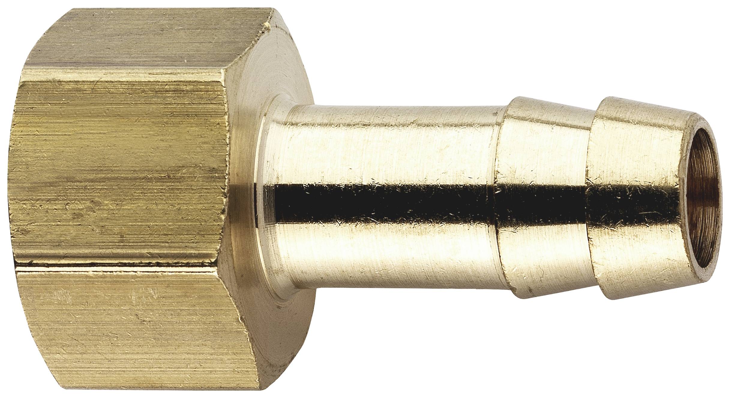 Messing-Schlauchanschluss mit sechseckiger Mutter links und glattem Rohrstutzen rechts. Geeignet für Luft- oder Wasserschläuche.