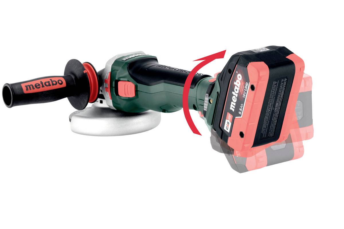 Akkuschleifer von Metabo mit rotem Gehäuse und schwarzem Handgriff, schwenkbarer Akku-Anschluss, geeignet für flexible Einsätze.