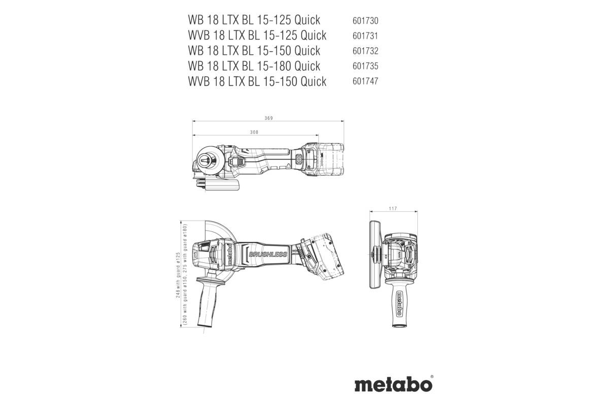 Technische Zeichnung eines Metabo-Winkelschleifers mit drei Ansichten: seitlich, ober und vorn. Modellnummern sind aufgeführt.
