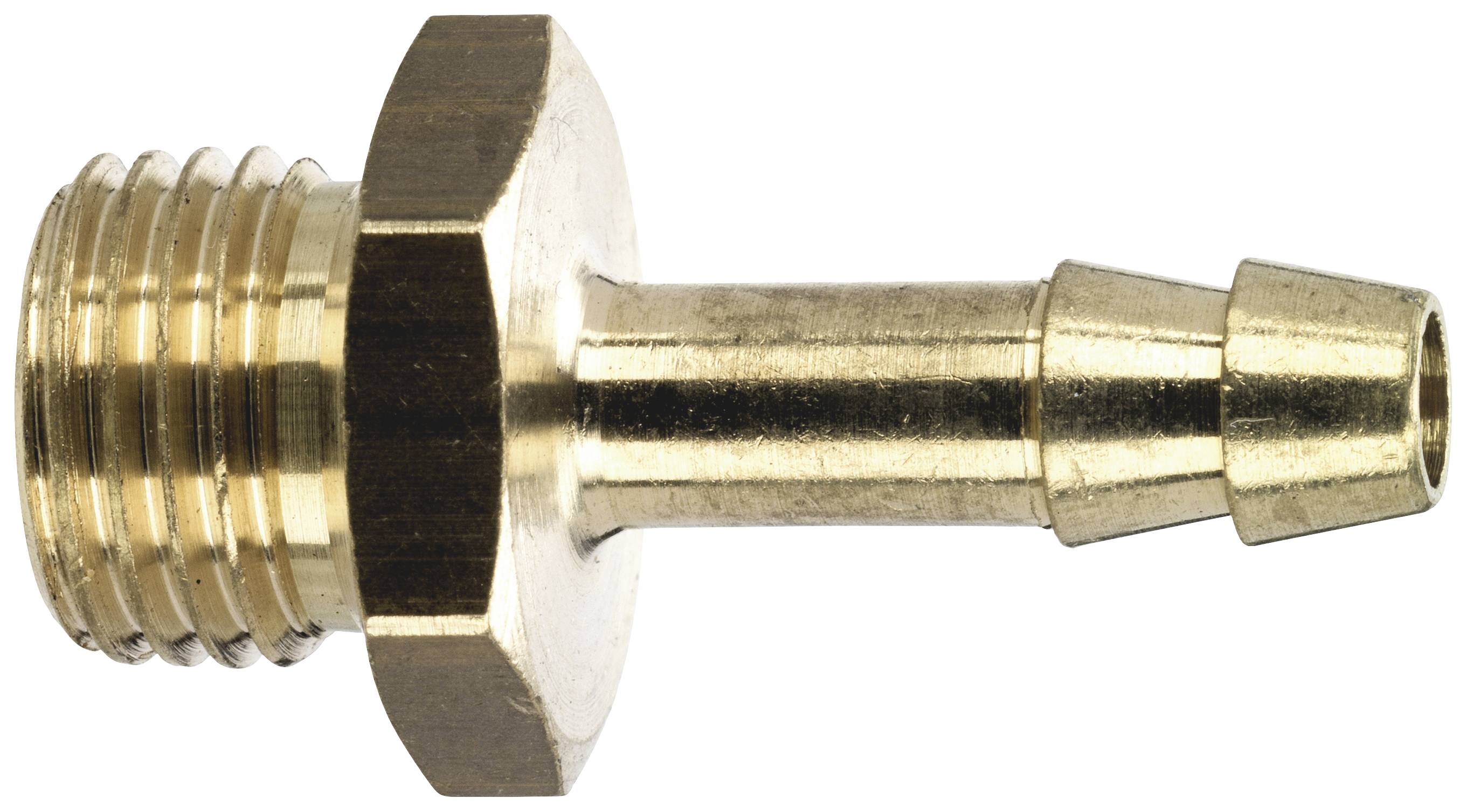 Messing-Schlauchtülle mit Außengewinde und hexagonaler Basis, seitlich aufgenommen. Verwendet zur Verbindung von Schläuchen in Installationssystemen.