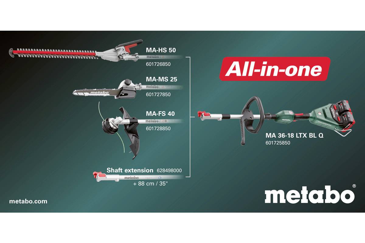'Metabo All-in-one' Gerät mit wechselbaren Aufsätzen: MA-HS 50 Heckenschneider, MA-MS 25 Säge, MA-FS 40 Fadenschneider. Schaftverlängerung verfügbar.