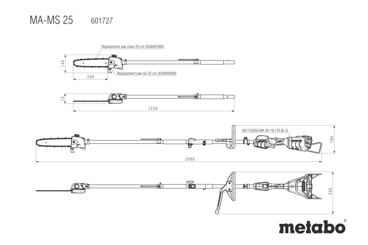Detaillierte technische Zeichnung einer Teleskop-Kettensäge MA-MS 25 mit Längenangaben in Millimetern und Metabo-Logo.