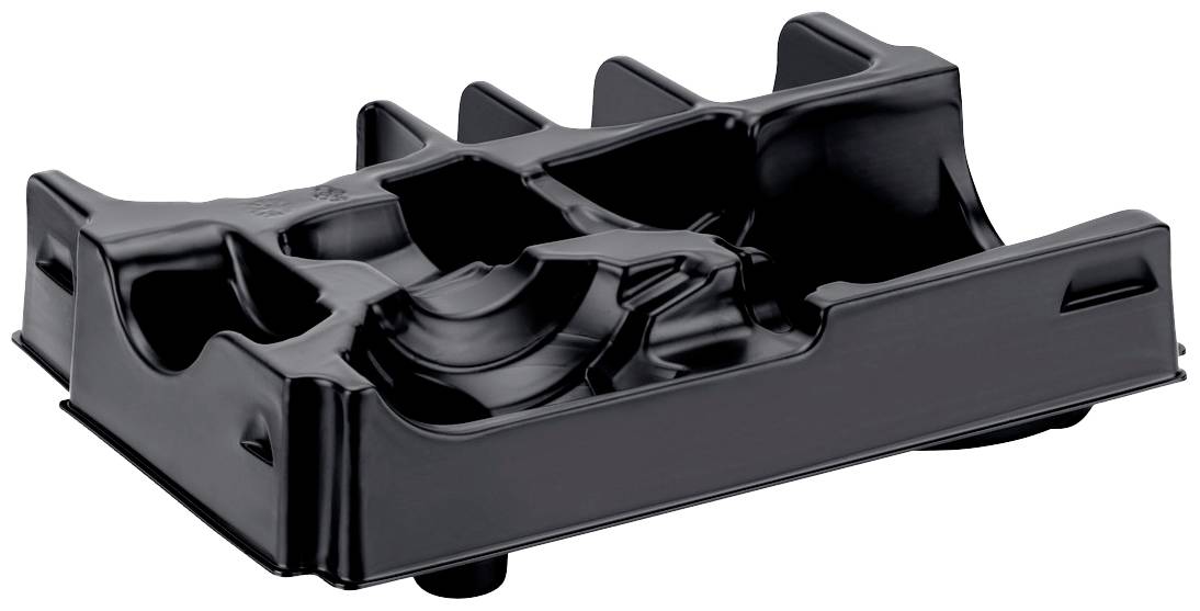 Schwarze, leere Kunststoffform mit mehreren Fächern, möglicherweise für die Verpackung oder Aufbewahrung von Produkten vorgesehen.