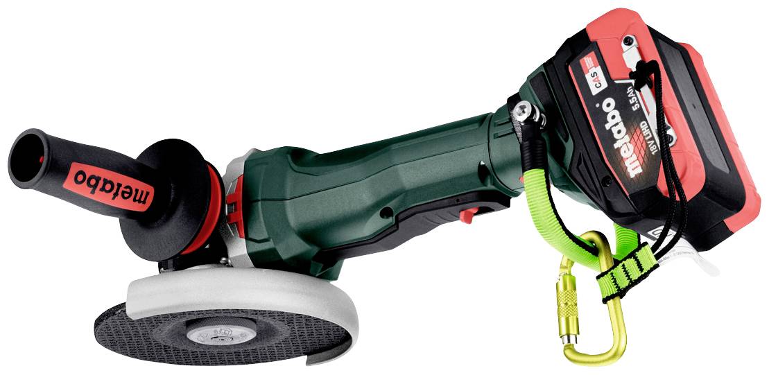 Akkubetriebener Winkelschleifer mit grünem Gehäuse und Metabo-Logo auf Handgriff und Batterie. Gekennzeichnet durch Kompaktheit.