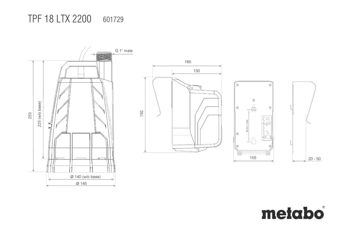 Technische Zeichnung der TPF 18 LTX 2200 von Metabo. Zeigt Abmessungen und Details der Konstruktion in verschiedenen Ansichten.