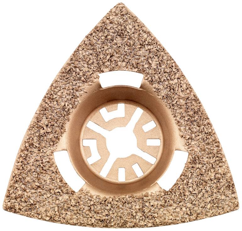 Ein dreieckiges Holzwerkzeug-Aufsatz mit gezackten Kanten und zentralem Ausschnitt, vermutlich für Schleif- oder Schneidearbeiten.