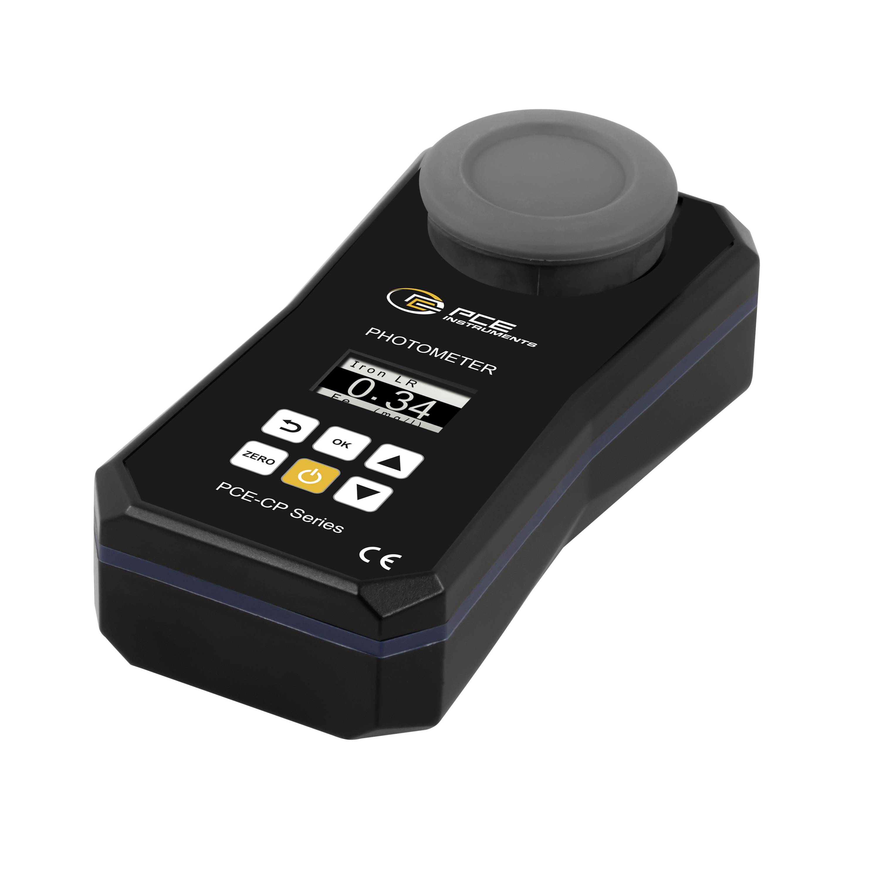 Tragbares schwarzes Photometer mit einer Probenküvette oben und digitaler Anzeige mit einem Messwert von 0,34.