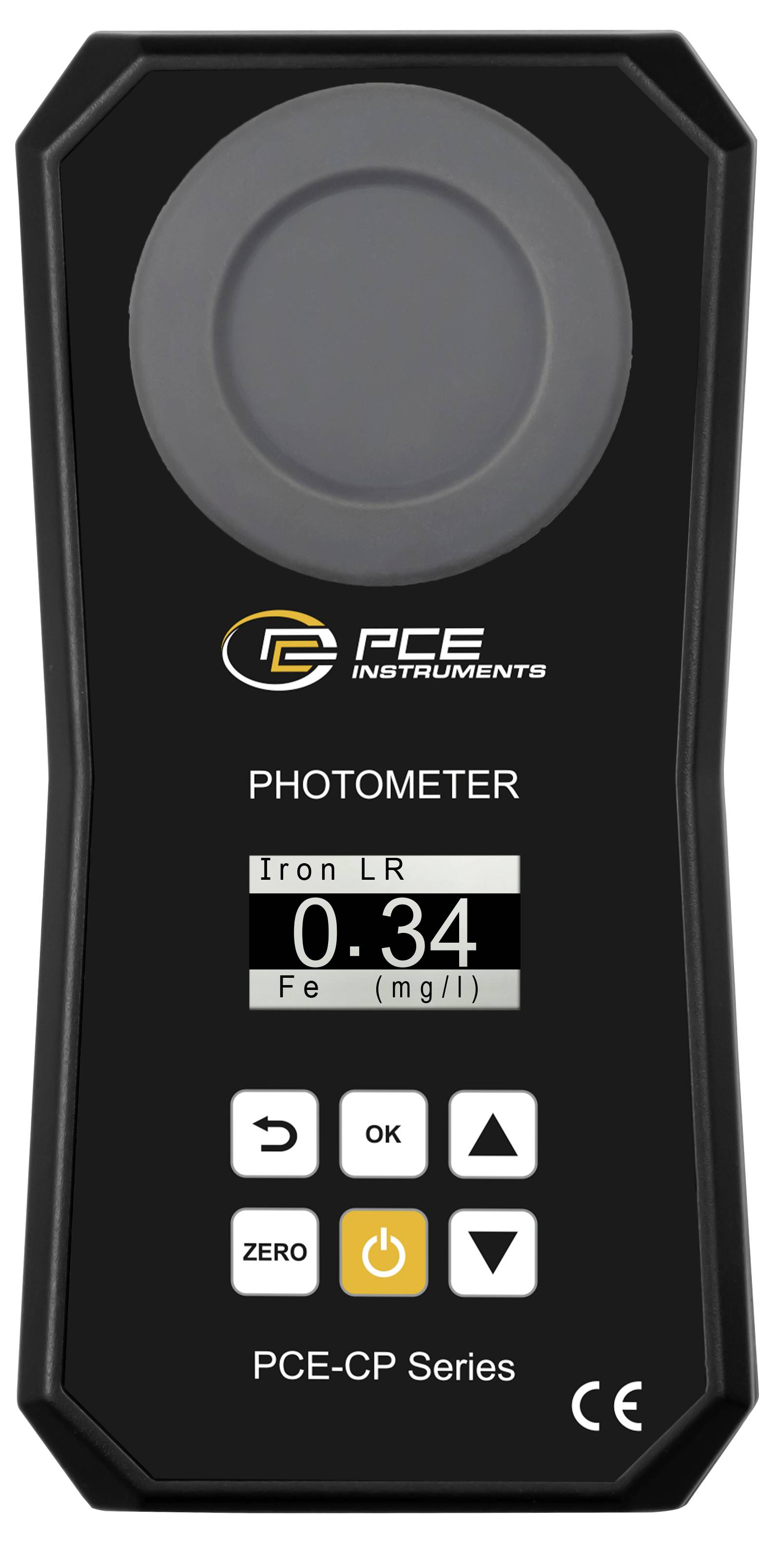 Tragbares PCE-Gerätephotometer mit Anzeige, das eine Eisenmessung im LR-Bereich von 0,34 mg/l zeigt, mit Null-, OK- und Pfeiltasten zur Steuerung.