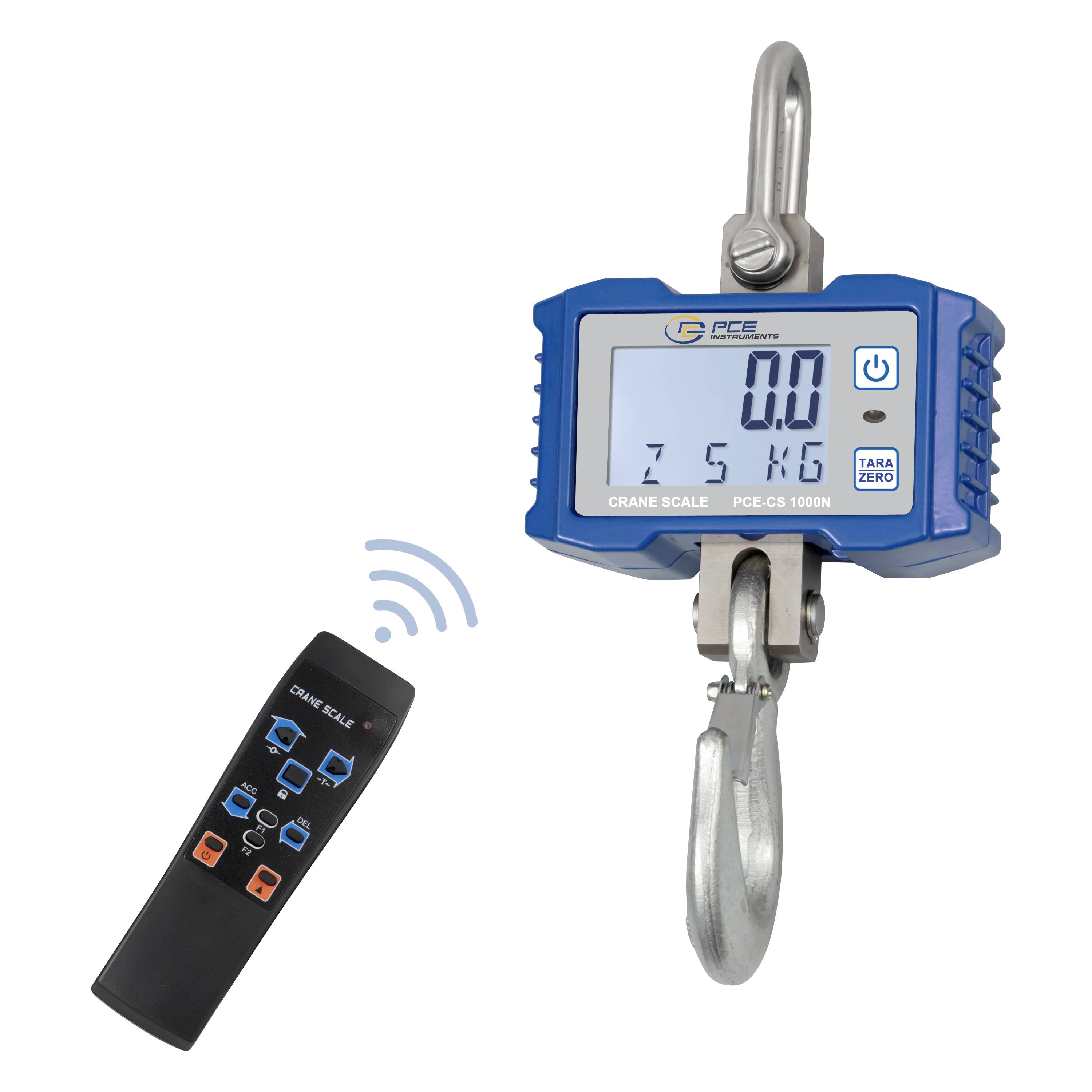 Blau digitale Hängewaage mit Haken und Fernbedienung, zeigt ein kabelloses Display mit Ein-/Aus- und Tara-Tasten.