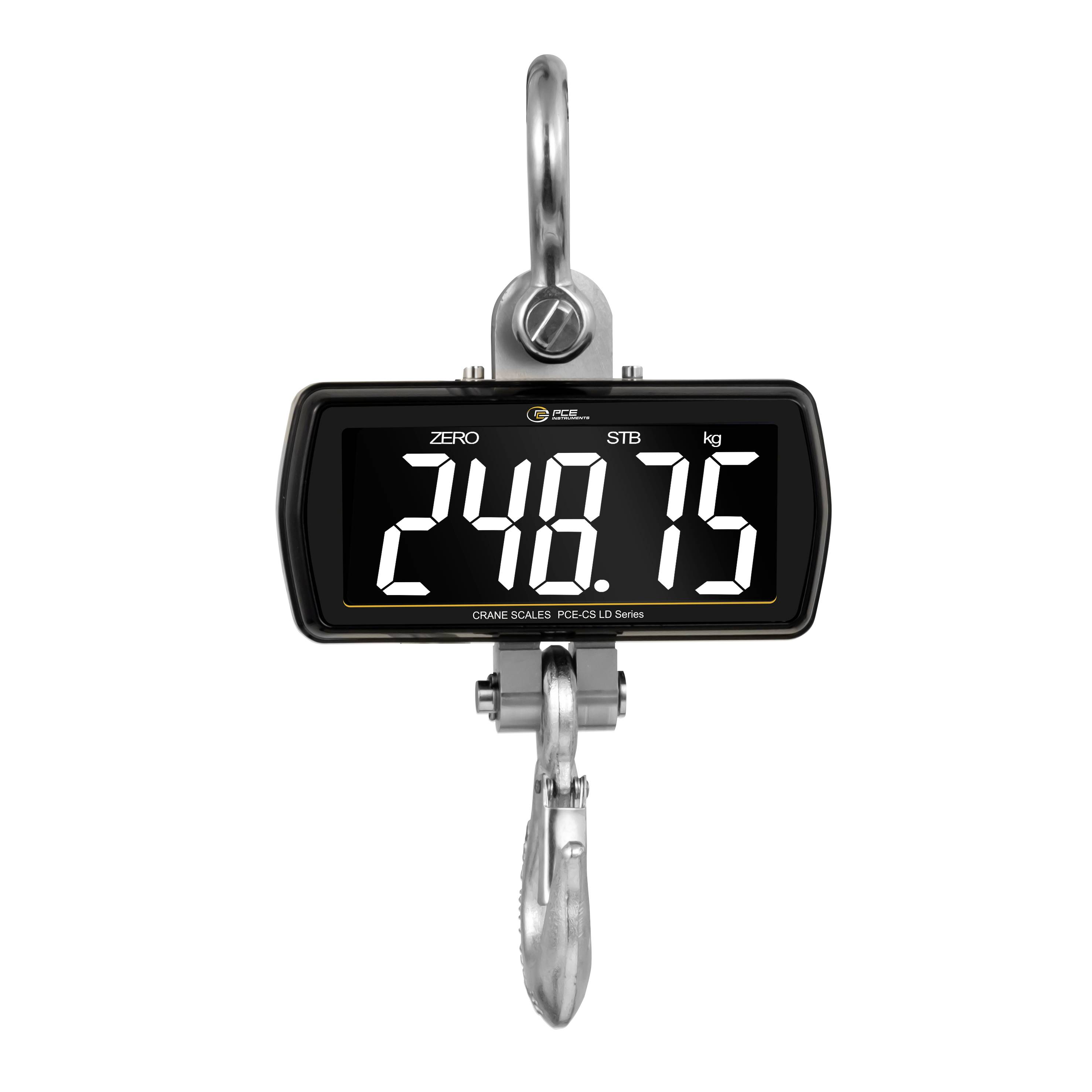 Digitale Hängekranwaage mit einer Anzeige von 248,75 kg, mit sichtbarem Haken und Schäkel.