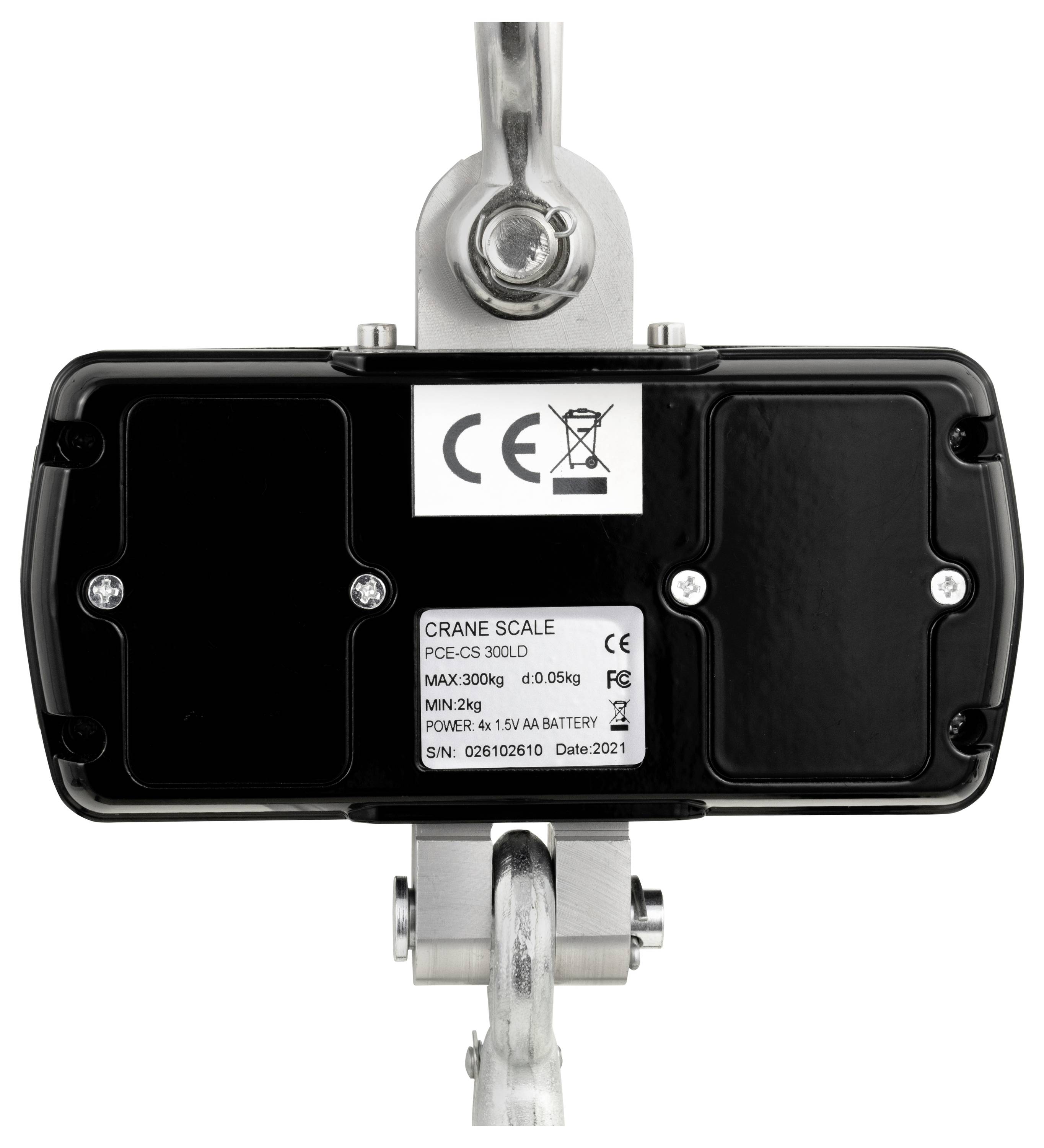 Schwarze Kranwaage mit Metallhaken und CE-Kennzeichnung, auf der Rückseite sind Produktspezifikationen angegeben.