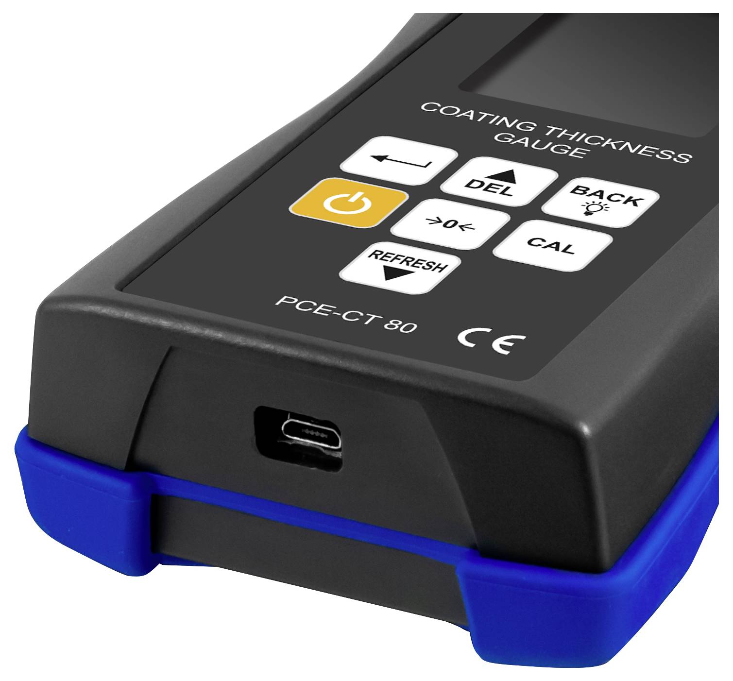 Tragbares Schichtdickenmessgerät PCE-CT 80 mit Anzeigetasten, vorderem USB-C-Anschluss und blauer Basis.