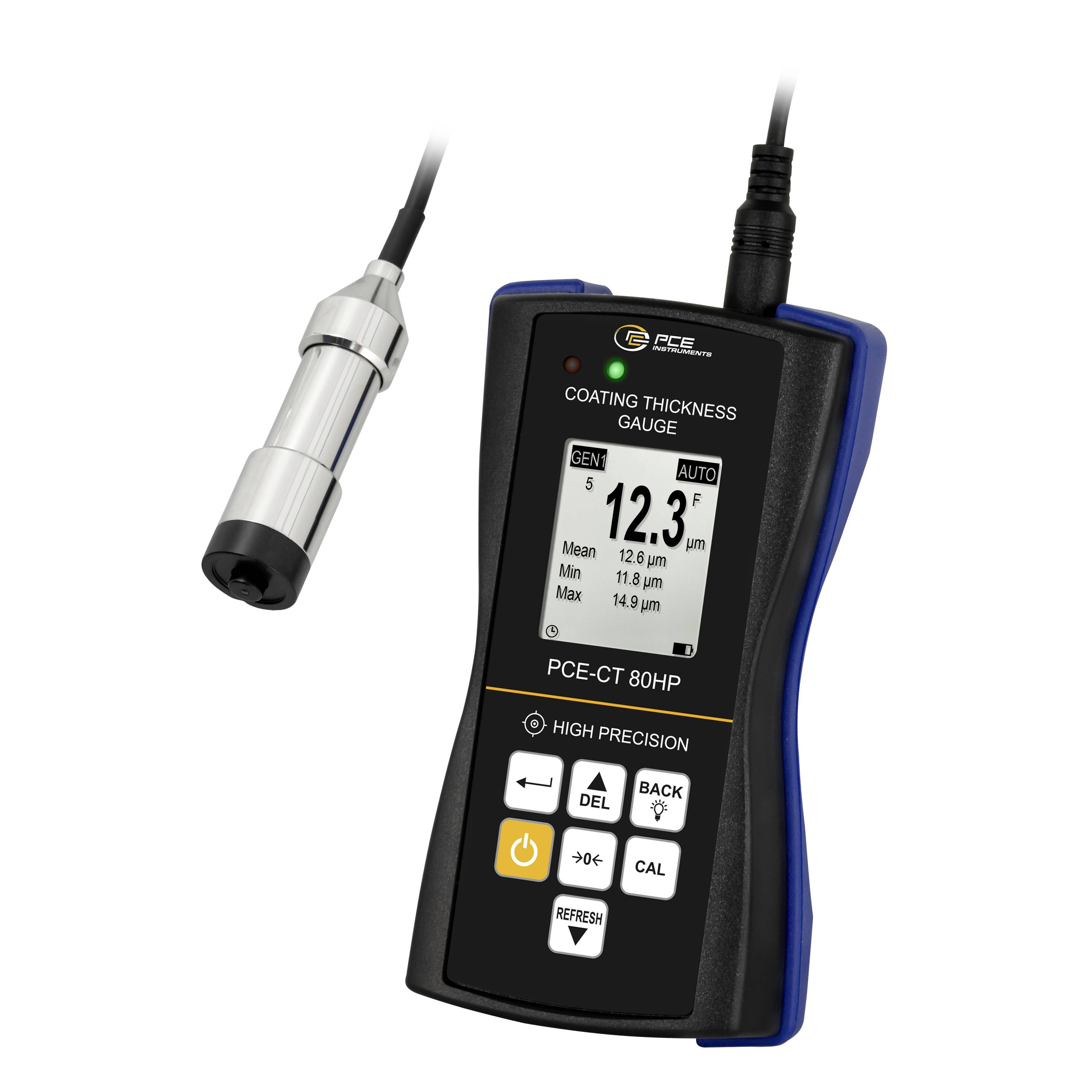Tragbares PCE-Schichtdickenmessgerät mit Sonde, das eine Messung von 12,3 µm auf seinem Display anzeigt.