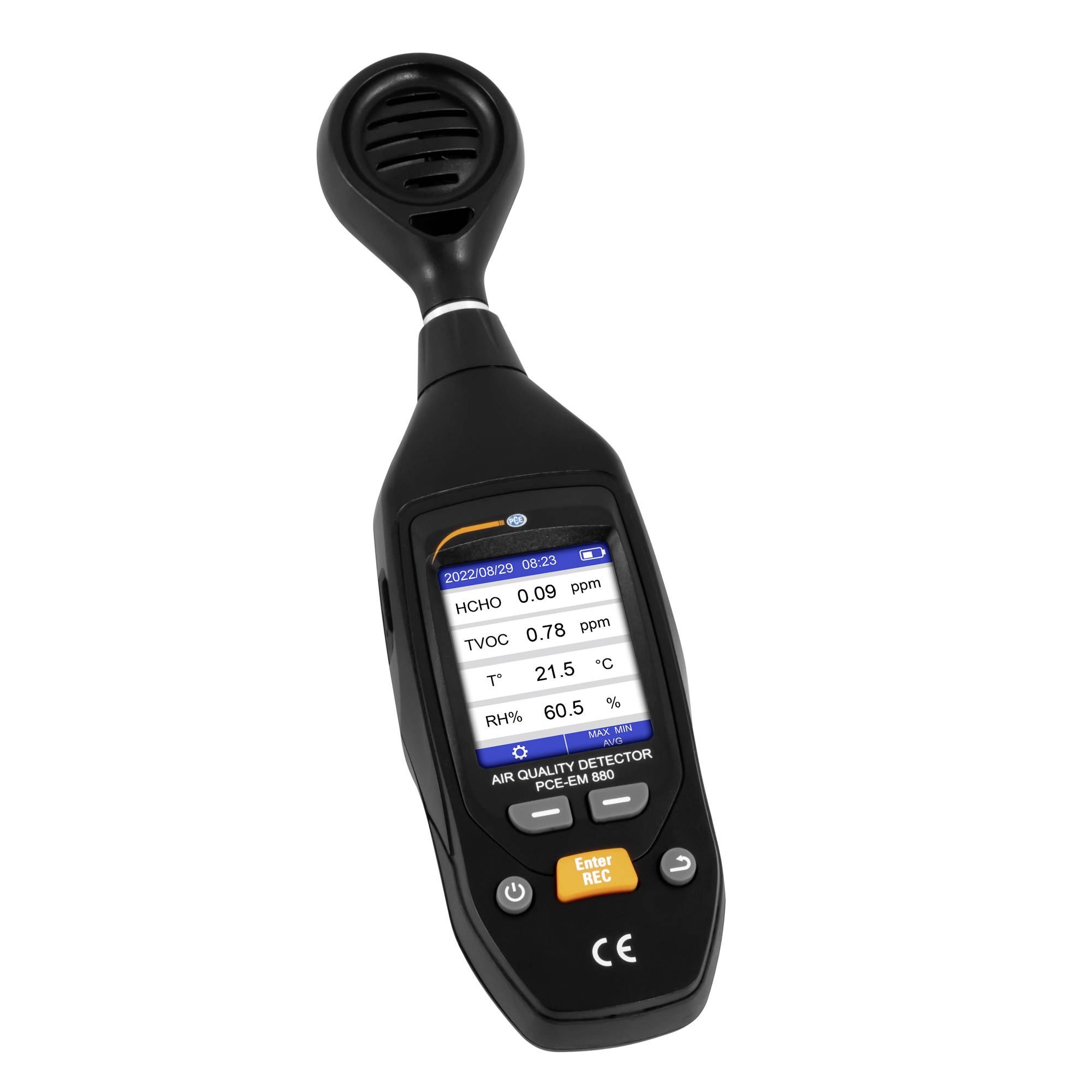 Tragbares Luftqualitätsmessgerät mit Messsonde und Display, das HCHO 0,09 ppm, TVOC 0,78 ppm, Temperatur 21,5°C und Luftfeuchtigkeit 60,5% anzeigt.